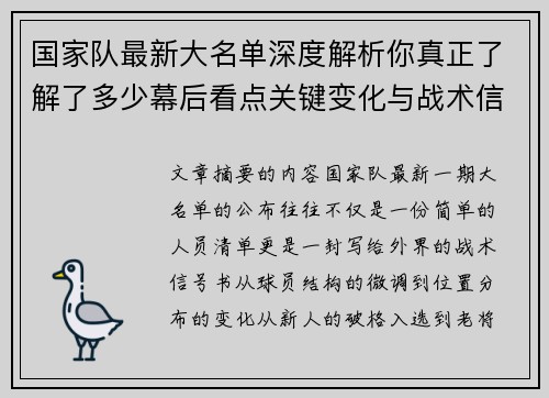 国家队最新大名单深度解析你真正了解了多少幕后看点关键变化与战术信号